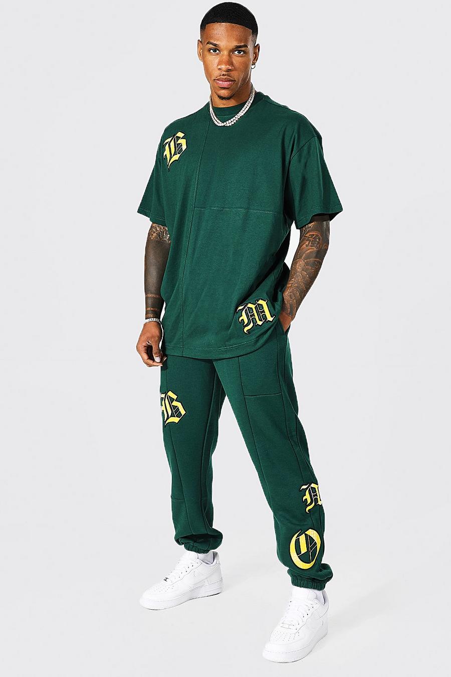 Pantalón deportivo y camiseta oversize con apliques y estampado bandana, Green verde image number 1