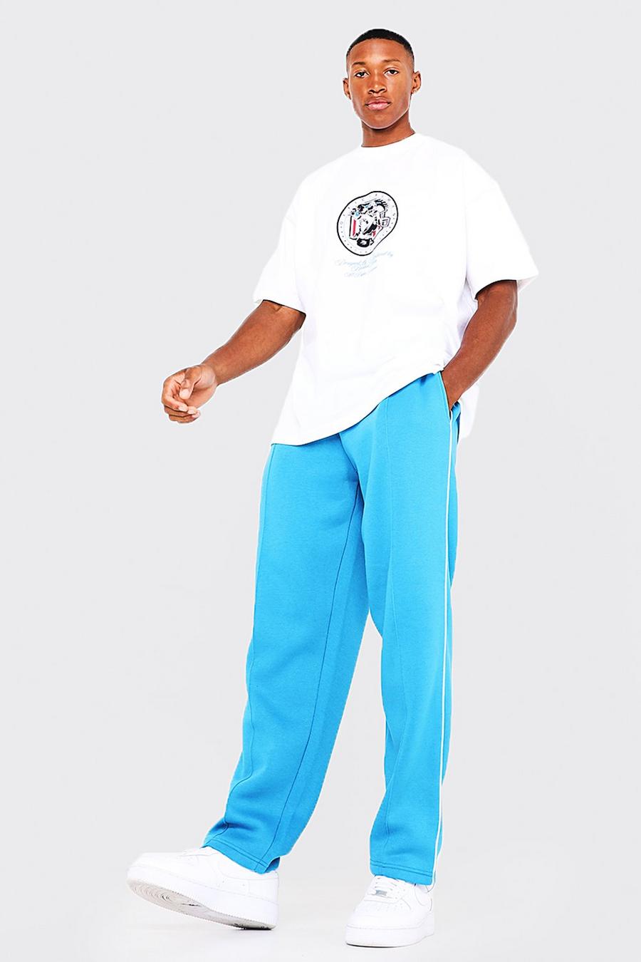 Pantalón deportivo de pernera ancha y camiseta oversize universitaria, Cobalt azul image number 1