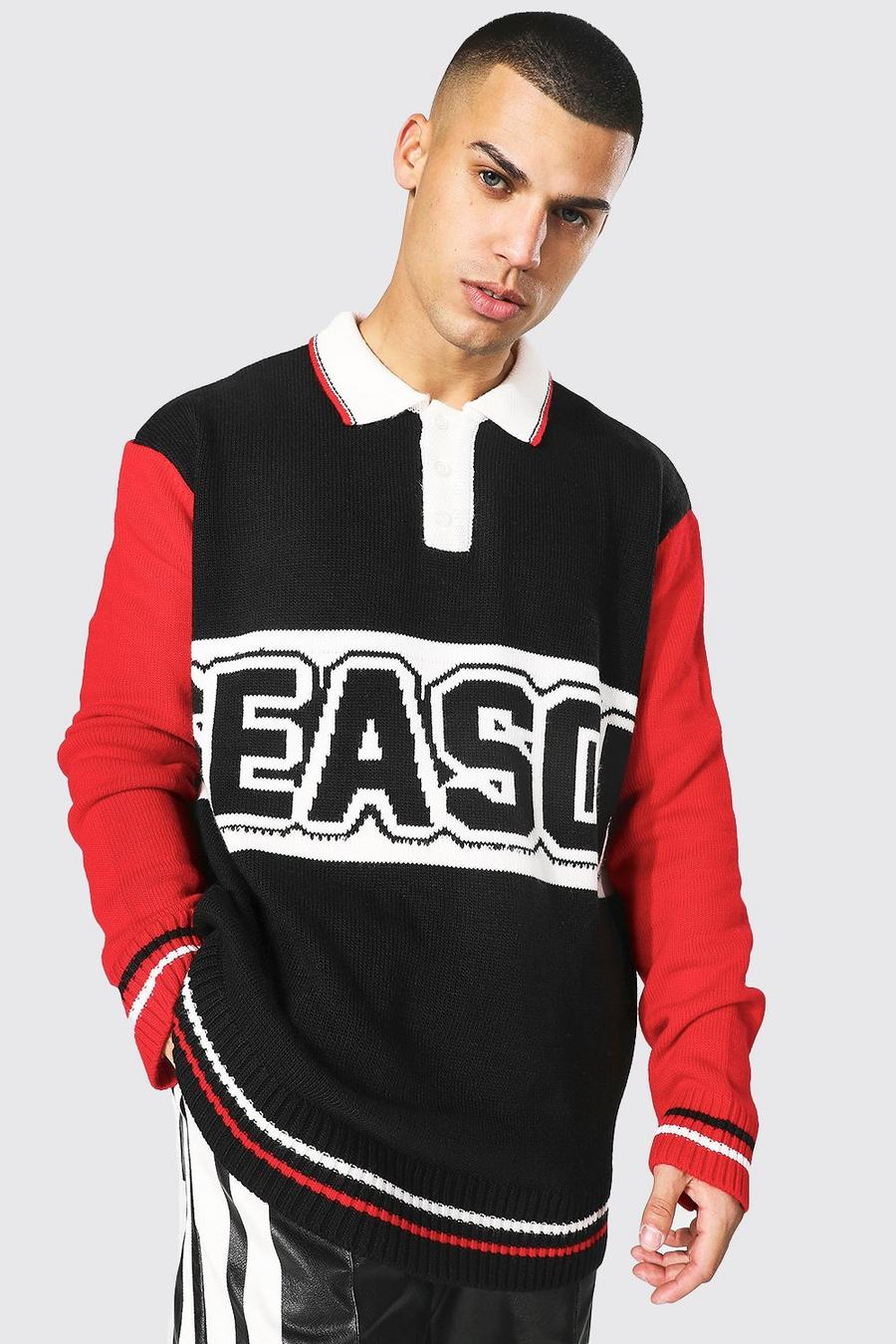 Red röd Oversized Long Sleeve Varsity Knitted Polo image number 1