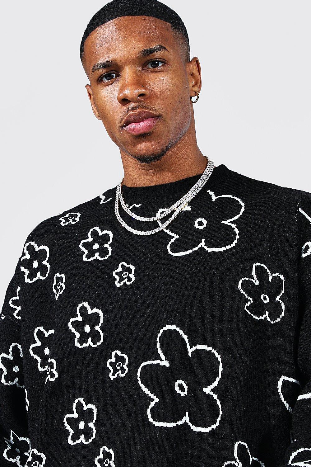 Men s Knitted Floral Print Dropped Shoulder Jumper Boohoo UK