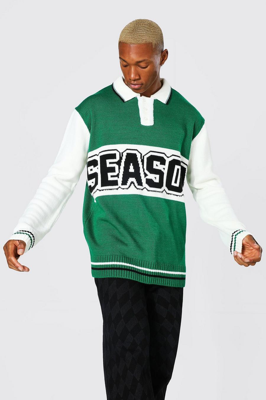 Green Oversized Long Sleeve Varsity Knitted Polo image number 1
