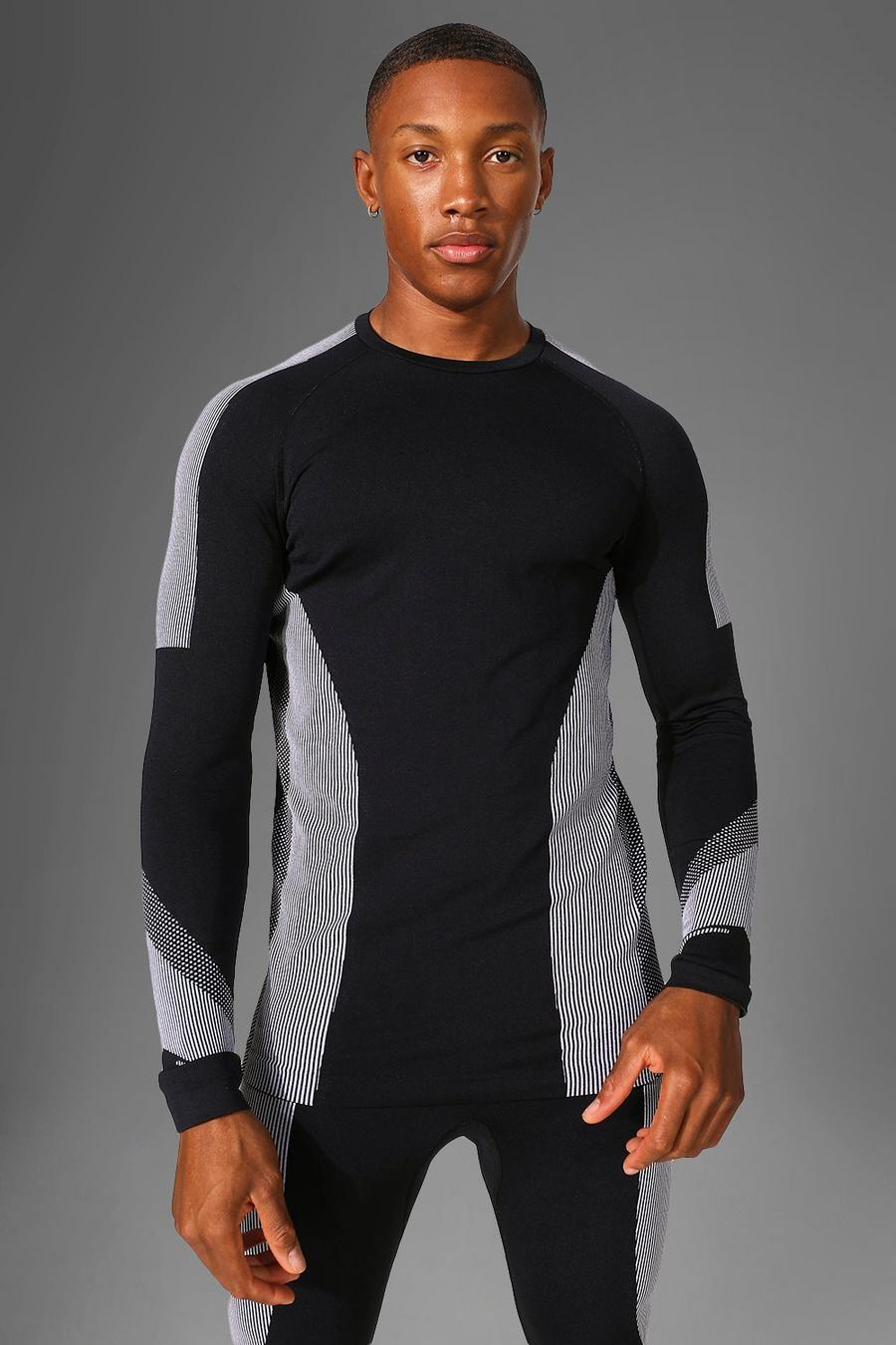 Black Muscle Fit Gym Ribbed Seamless Long Sleeve Top image number 1