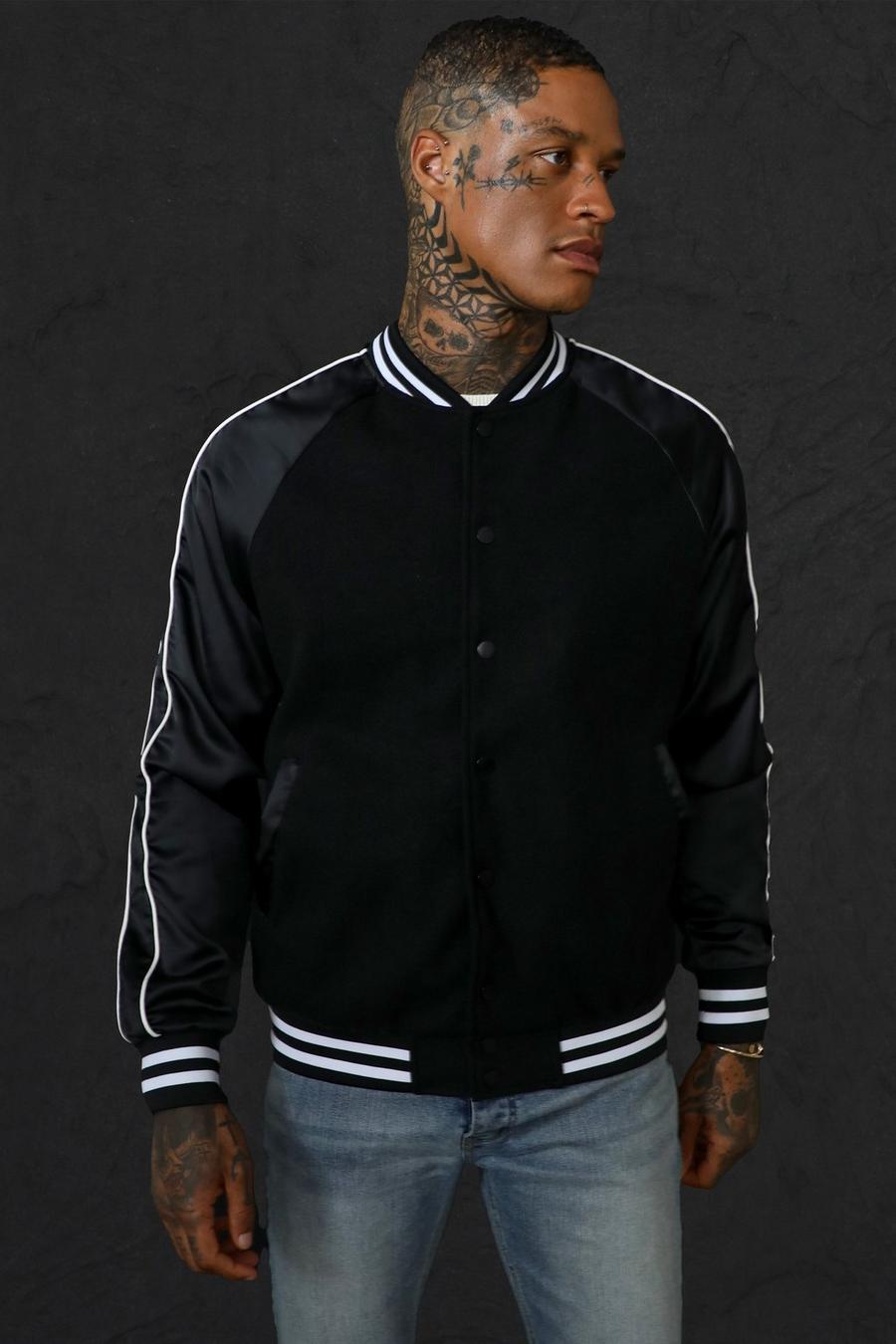 Black Suede Bomber With Satin Sleeves image number 1