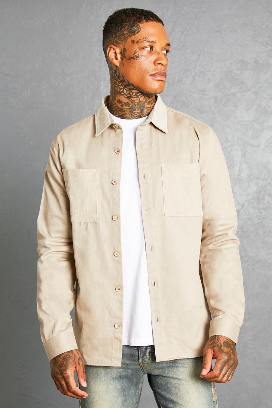 Beige Twill Overshirt With Cord Collar image number 1