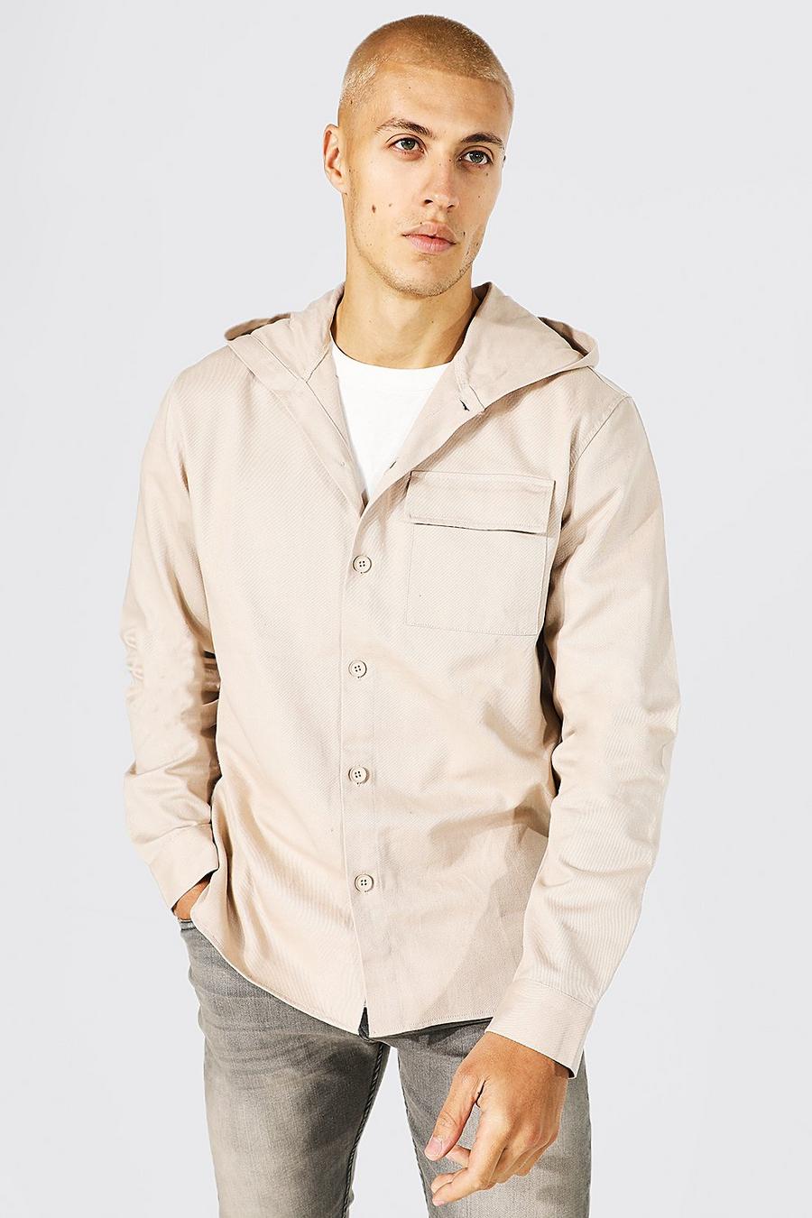 Stone beige Twill Overshirt With Hood image number 1