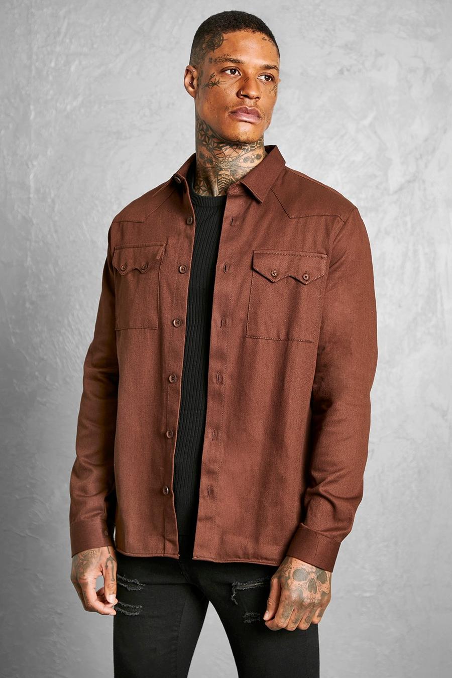 Chocolate brown Western Twill Overshirt image number 1
