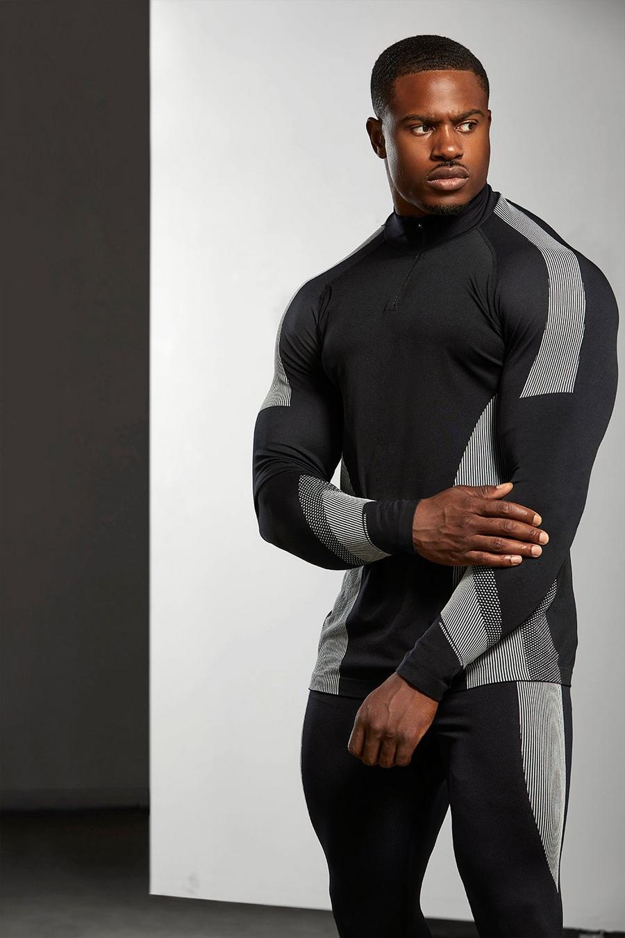 Black Muscle Fit Gym Ribbed Seamless 1/4 Zip Top image number 1