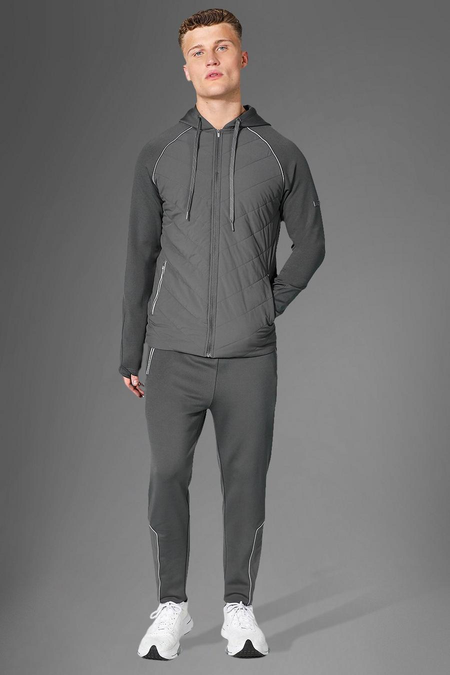 Charcoal grey Active Gym Quilted  Zip Thru Hoodie Tracksuit image number 1