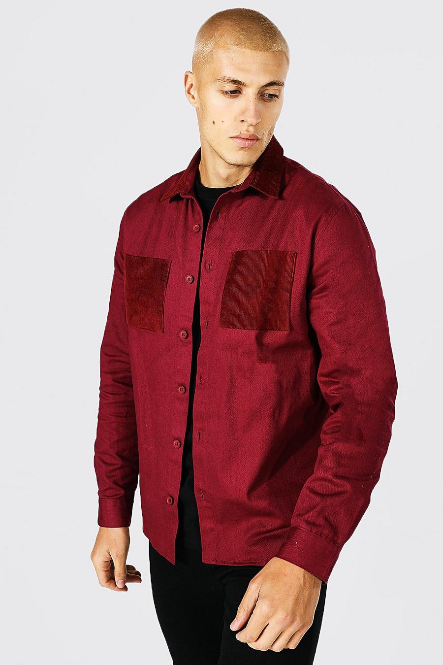 Burgundy Twill Overshirt With Cord Collar image number 1