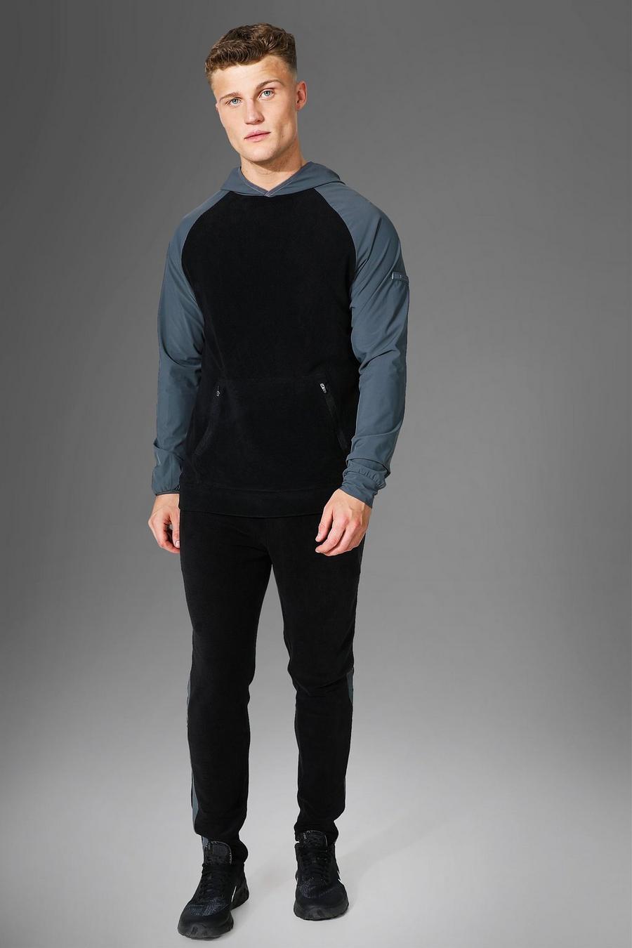 שחור חליפת טרנינג ספורטיבית פליז לחדר הכושר עם פאנל בצבע מט image number 1