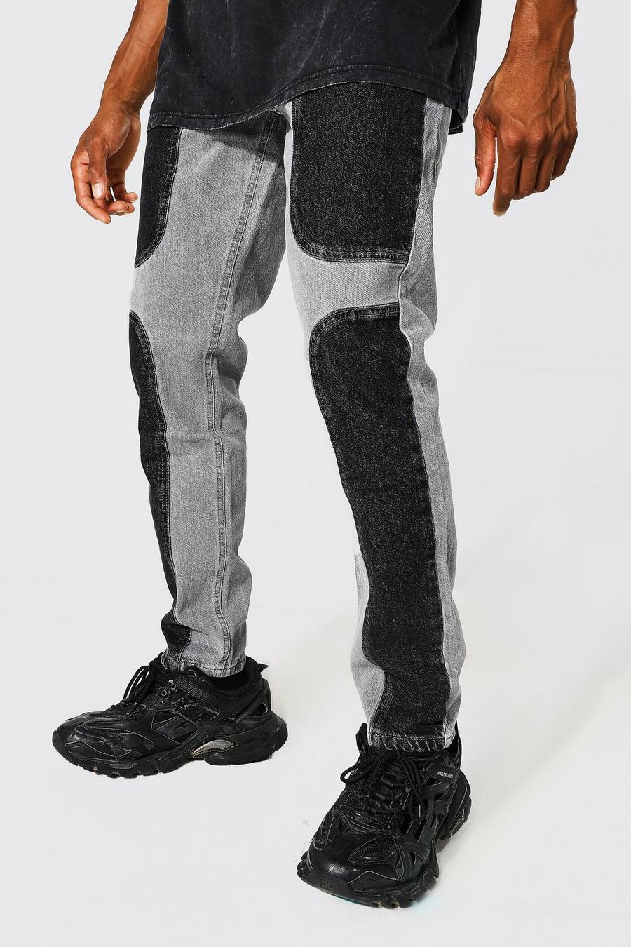 אפור ביניים ג׳ינס בגזרה צרה עם פאנלים בצבעים מנוגדים image number 1
