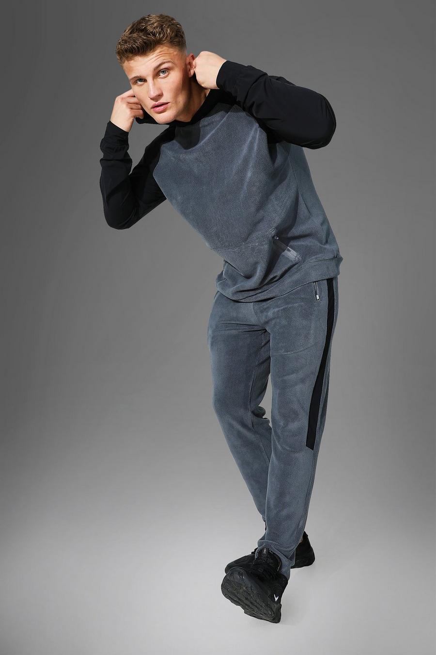 Charcoal Man Active Gym Panelled Fleece Tracksuit image number 1