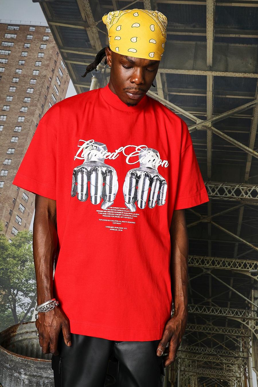 Camiseta oversize con cuello extendido y estampado gráfico, Red rojo image number 1