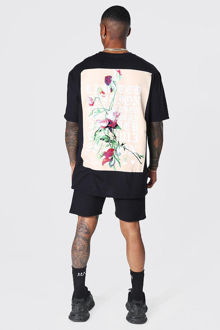 Oversize Man Official T-Shirt und Shorts mit floralem Print, Black noir image number 1