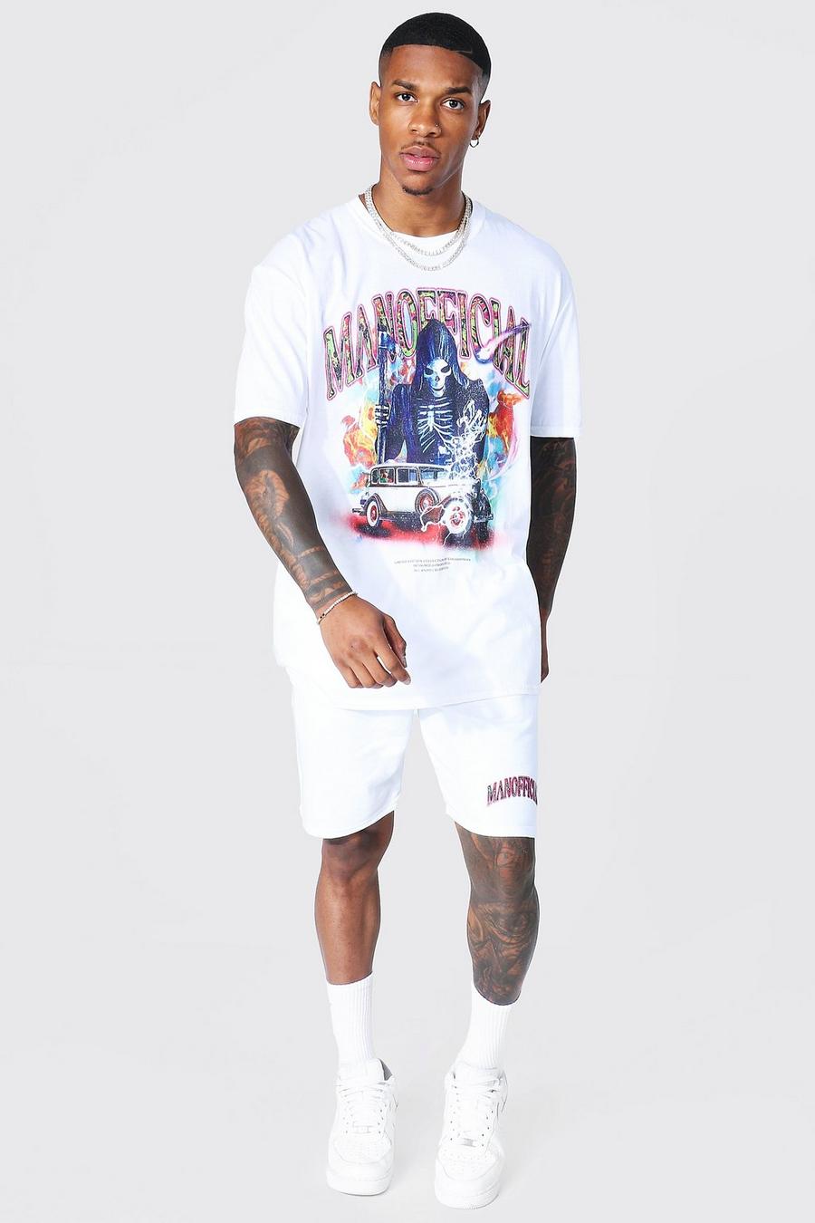 White MAN Official Oversize t-shirt och shorts med grafiskt tryck image number 1