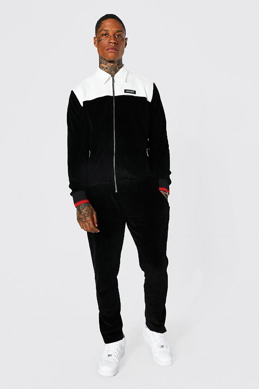 Chándal de velvetón con chaqueta Harrington y colores en bloque, Black negro image number 1