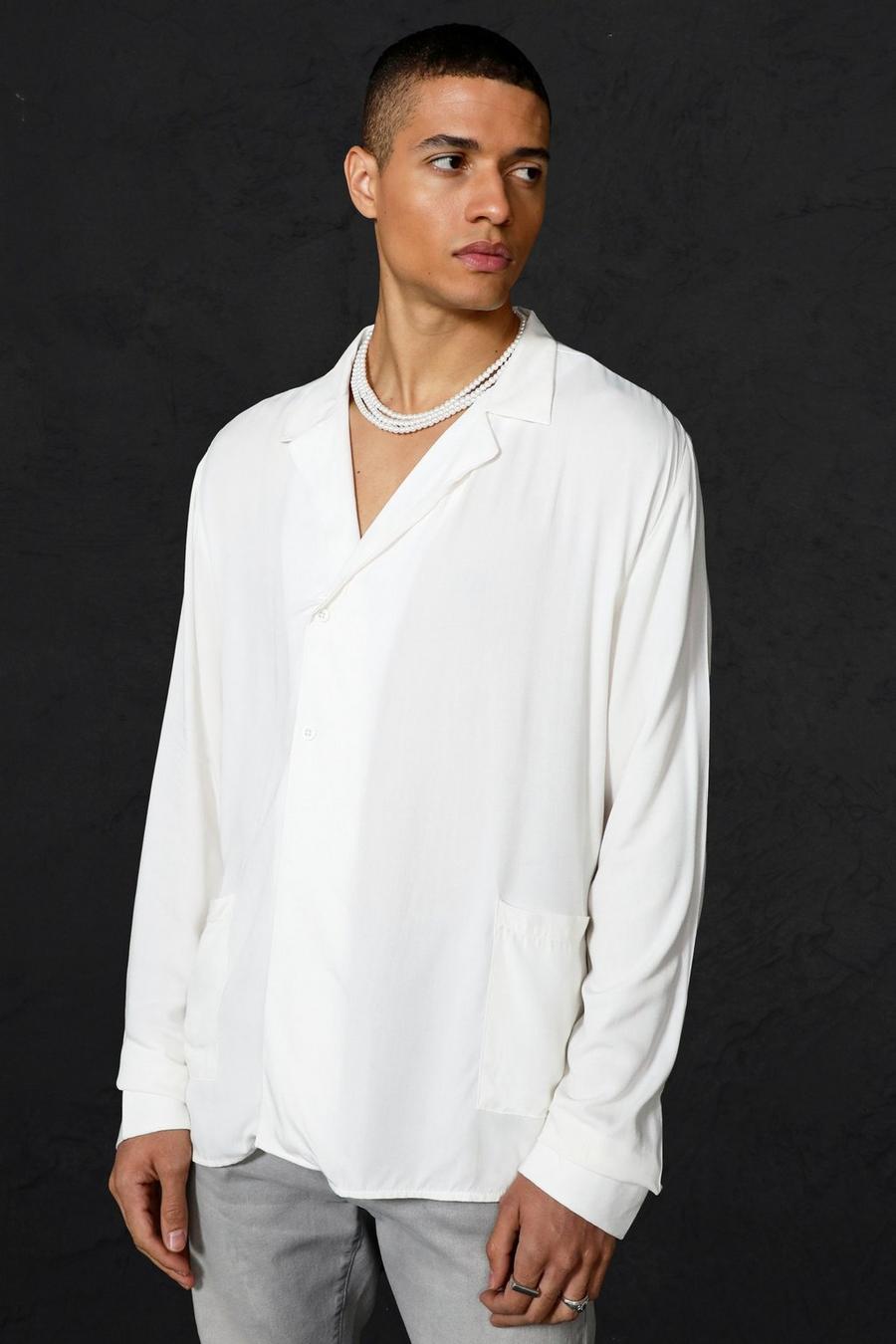 Camisa cruzada de manga larga de viscosa, White blanco image number 1