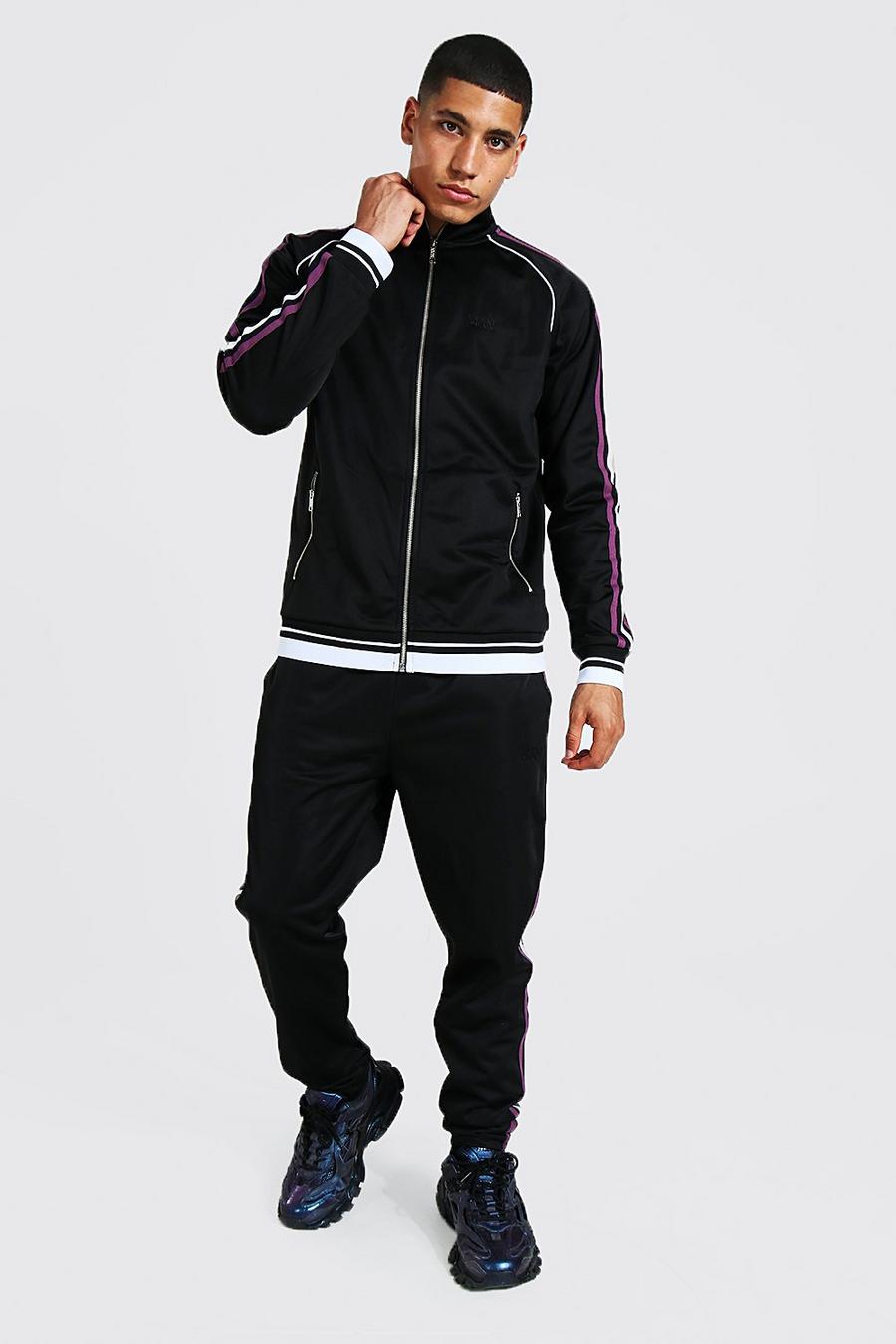 Black Tricot Funnel Neck Tracksuit With Side Tape image number 1