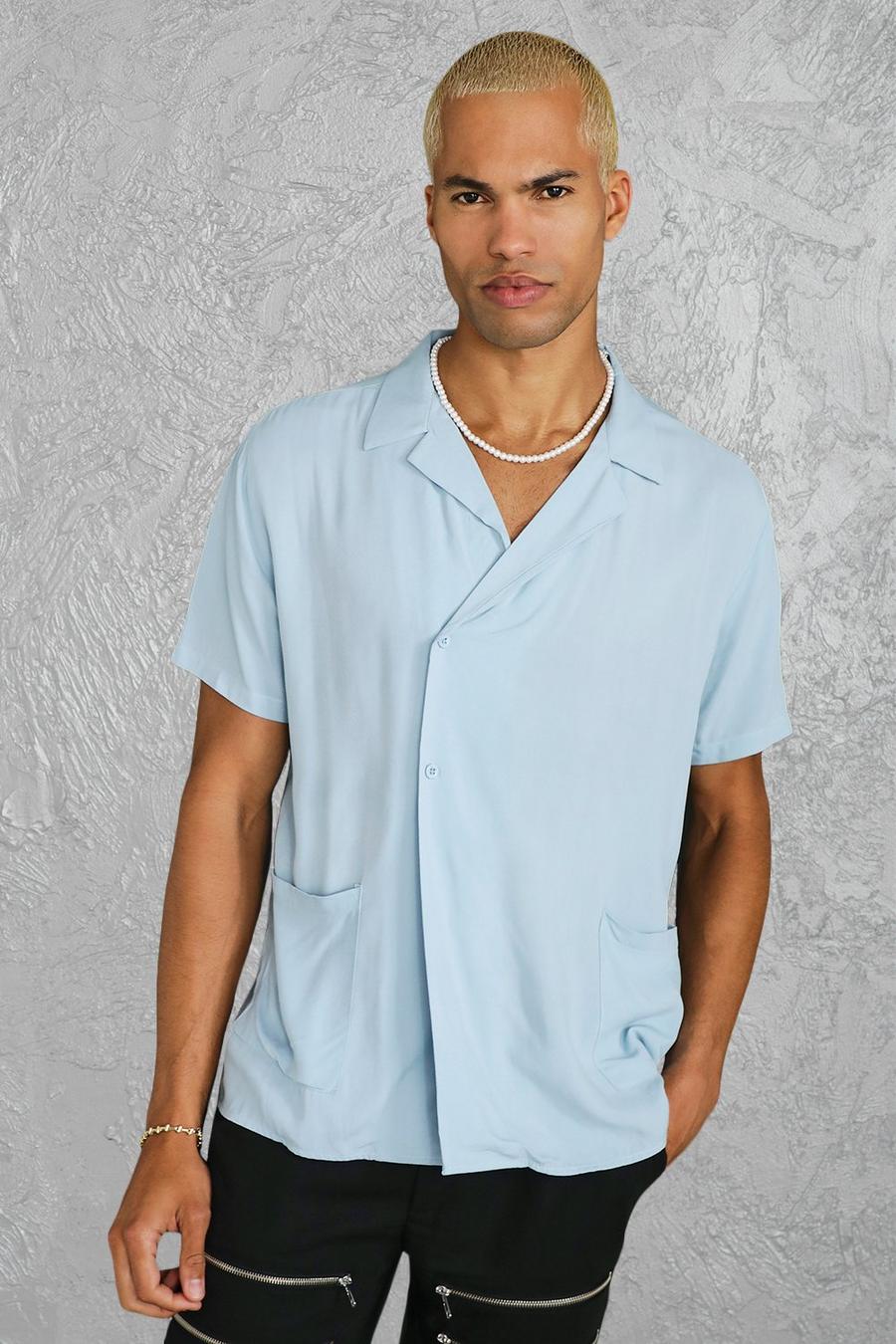 כחול בהיר חולצת מעטפת מבד ויסקוזה עם שרוולים קצרים image number 1
