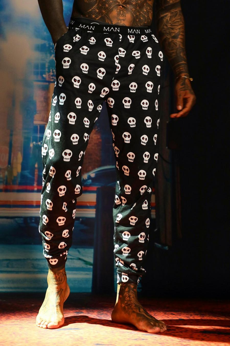 Black All Over Skull Print Lounge Joggers image number 1