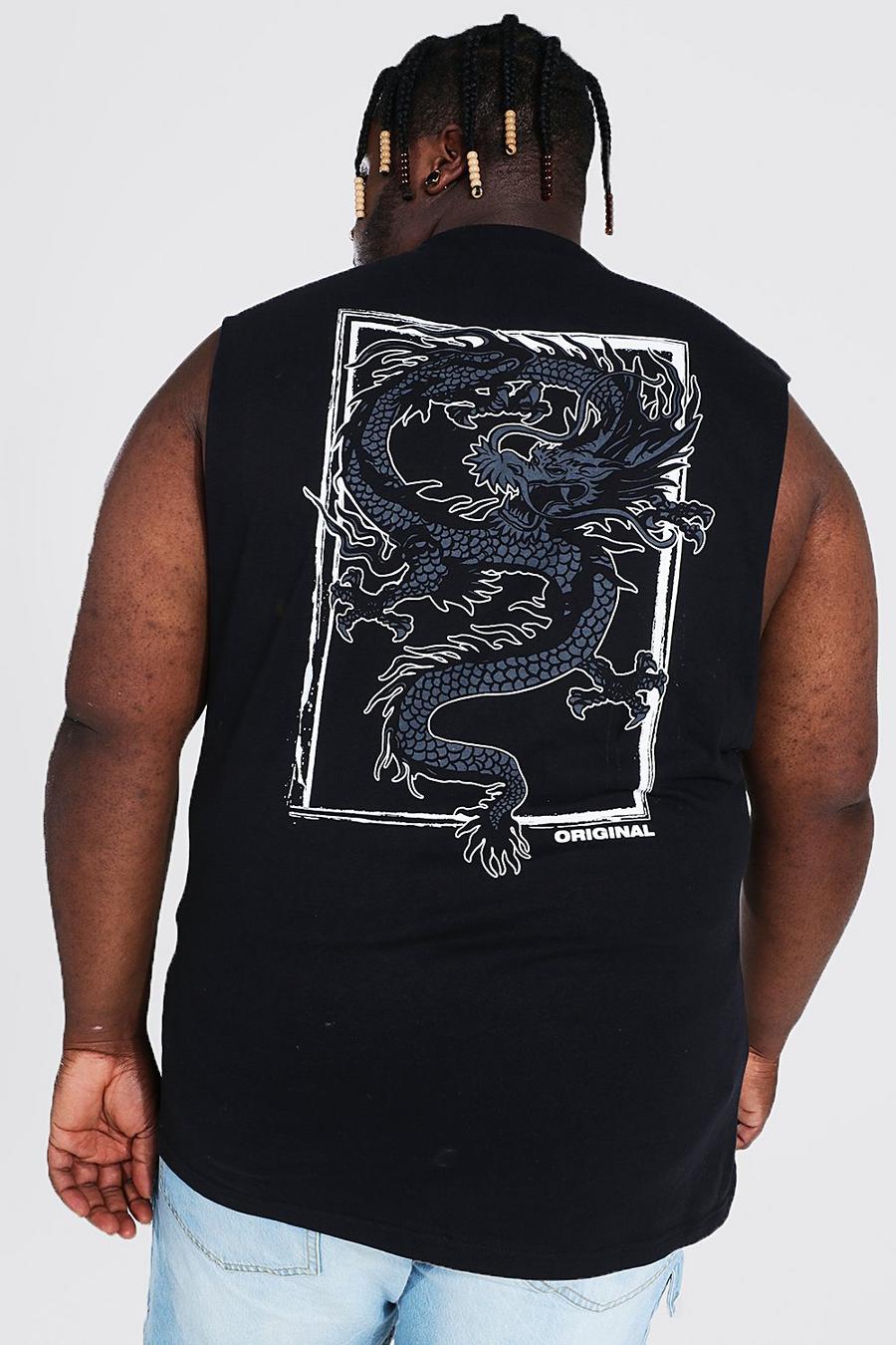 שחור גופייה עם פתחי שרוול רחבים והדפס דרקון בגב, מידות גדולות image number 1