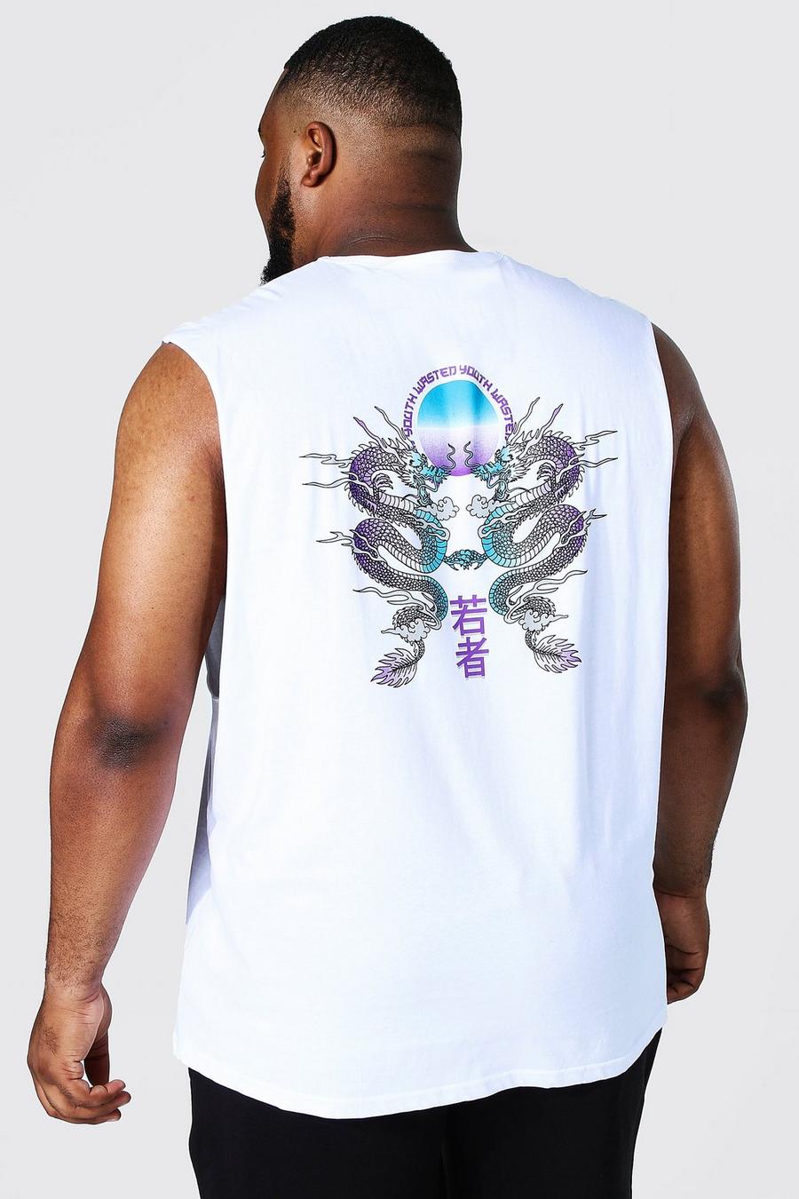 Camiseta sin mangas Plus con sisa ancha y estampado de dragón en la espalda, White bianco image number 1