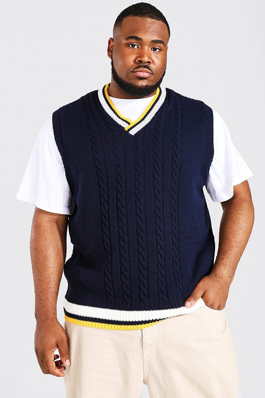 Navy Plus Size Varsity Basic Cable Knitted Vest image number 1