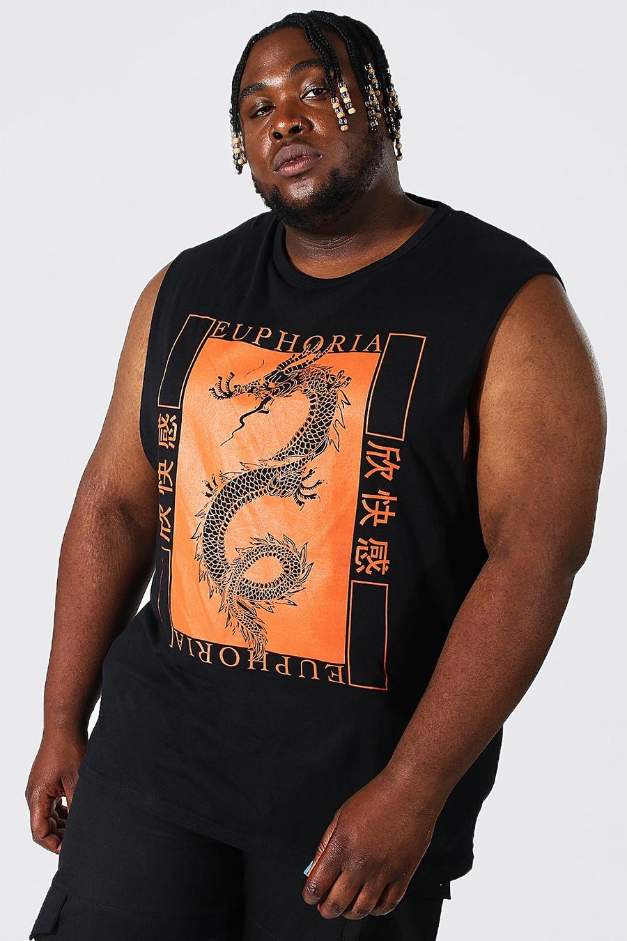 Grande taille - T-shirt sans manches à imprimé dragon, Black noir image number 1