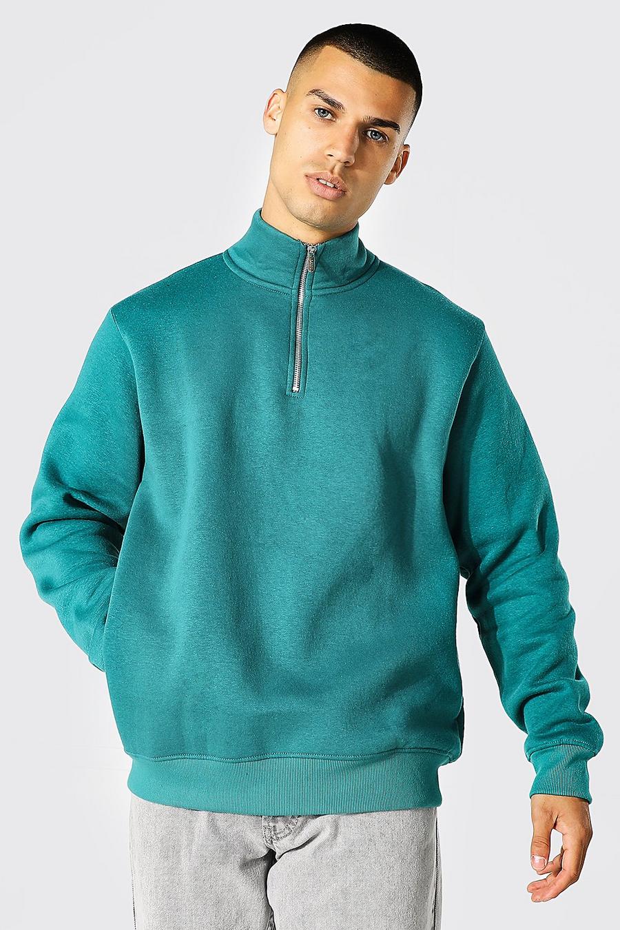 Teal Sweatshirt med hög krage och kort dragkedja image number 1