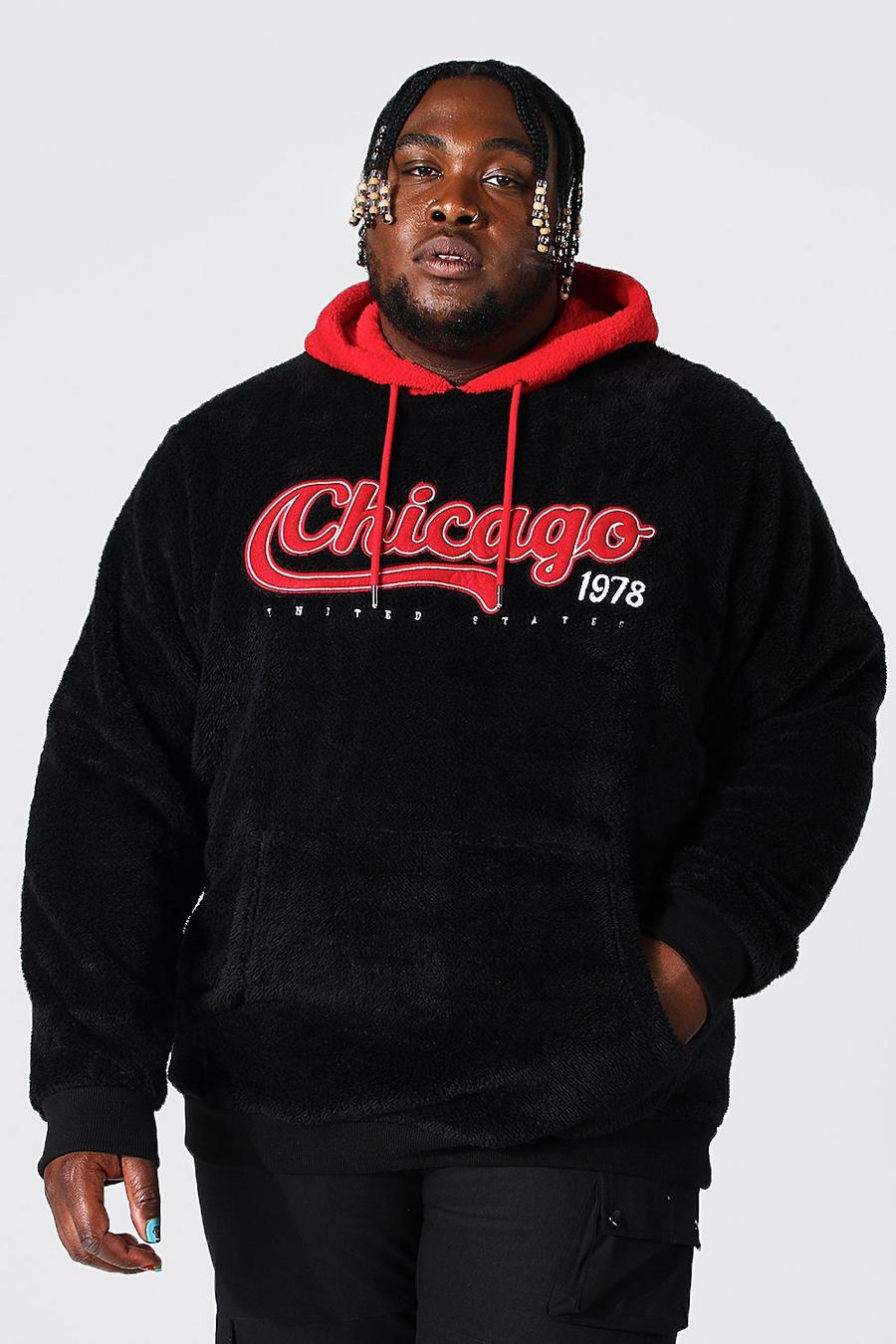 Black svart Plus - Chicago Hoodie med varsitytryck och huva i teddy image number 1