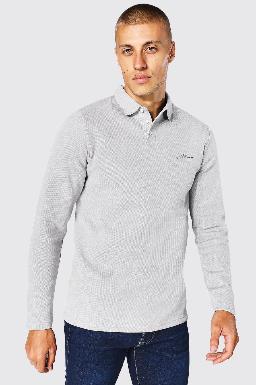 Langärmliges Slim-Fit Pique Poloshirt, Grey image number 1