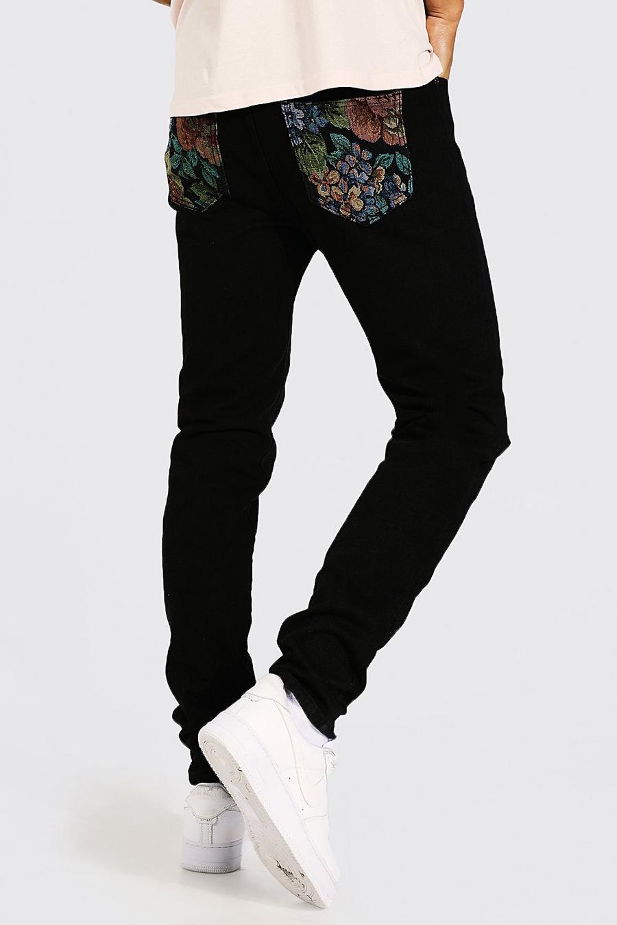 Black Tall Onbewerkte Gestreepte Skinny Jeans Met Patches En Zakken image number 1