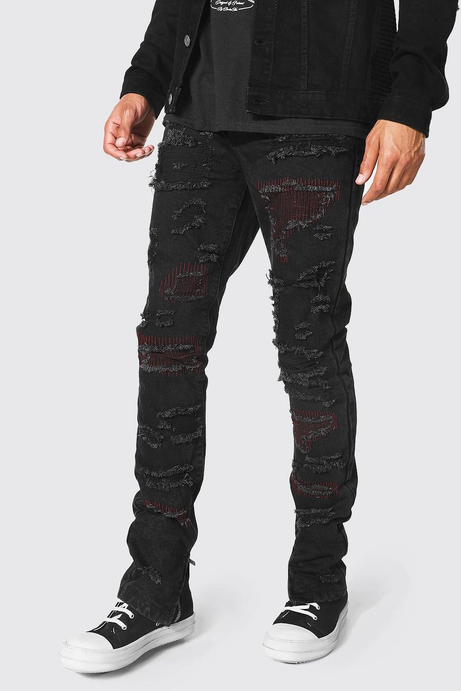 שחור סקיני ג'ינס מבד קשיח עם קרעים והדפס חוזר, לגברים גבוהים image number 1