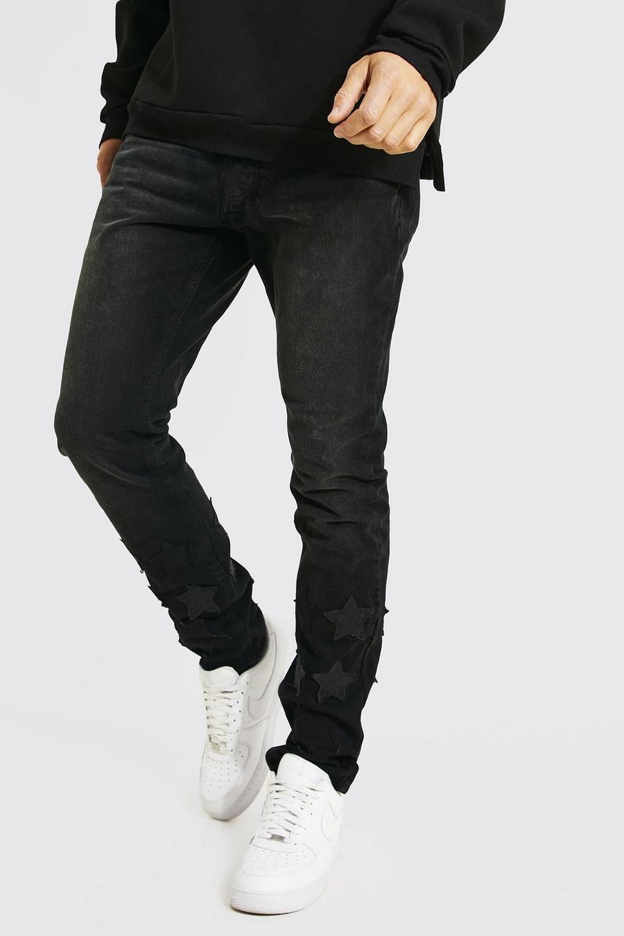 Jeans Tall Slim Fit effetto patchwork con applique a stella, Black nero