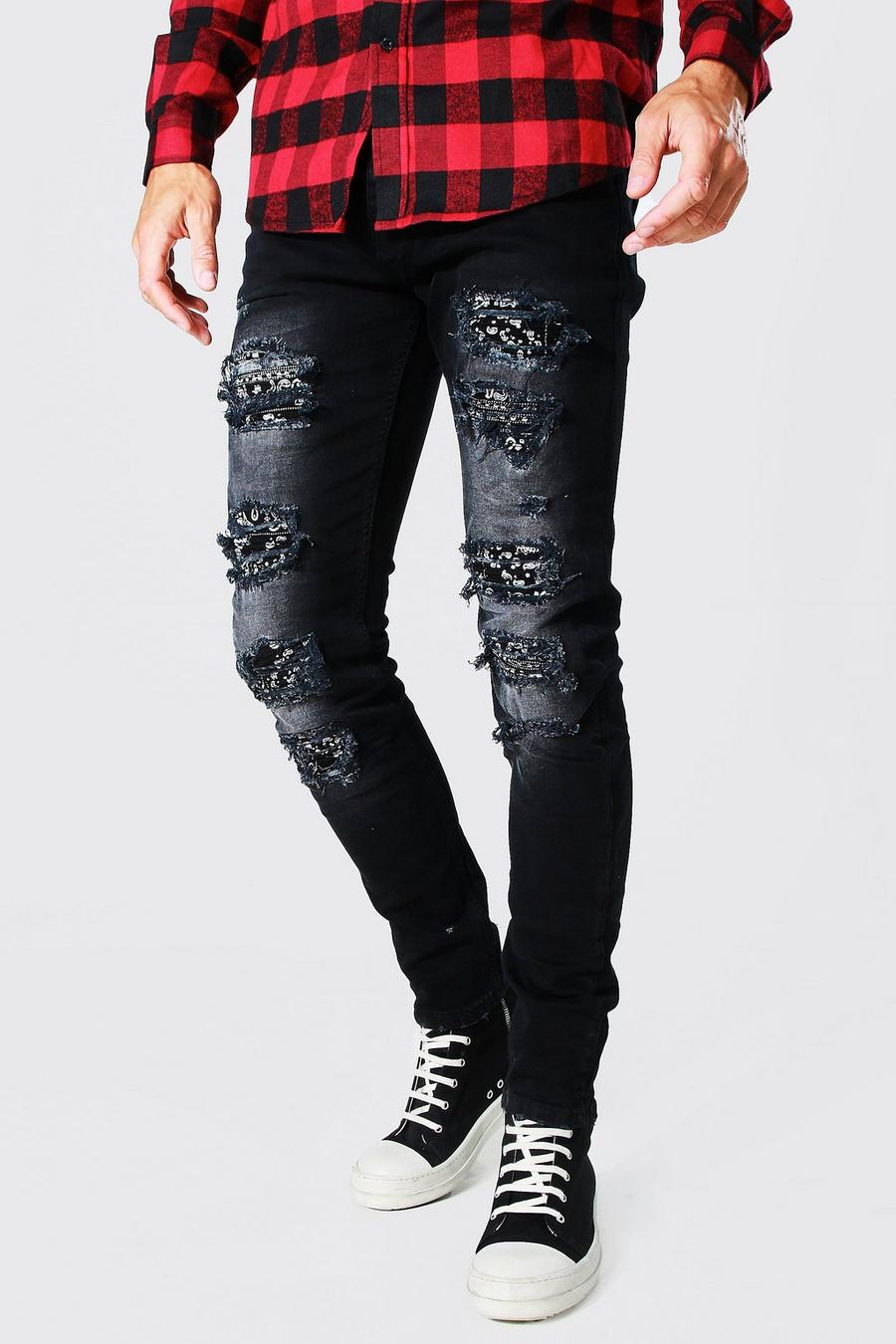 Washed black Tall - Slitna skinny jeans med lagningar image number 1