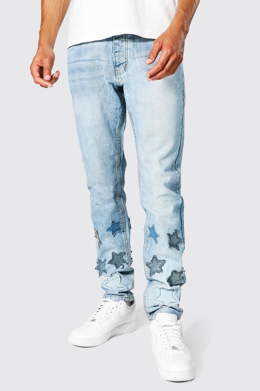 Tall Slim-Fit Patchwork Jeans mit Sternen-Applique, Light blue bleu image number 1