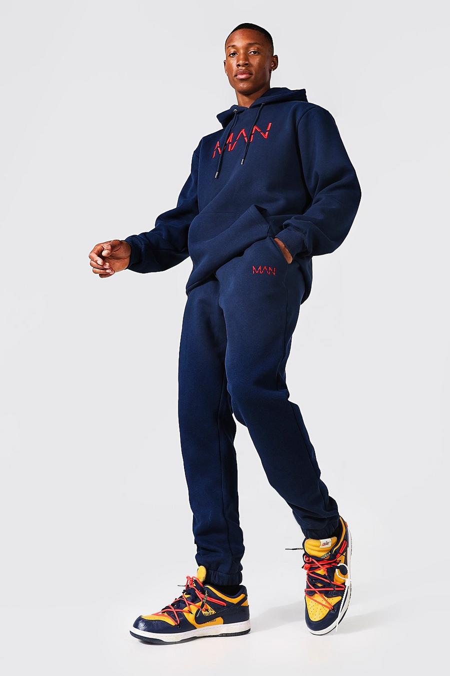 Tuta sportiva con cappuccio e scritta Original Man ricamata in rilievo, Navy azul marino image number 1