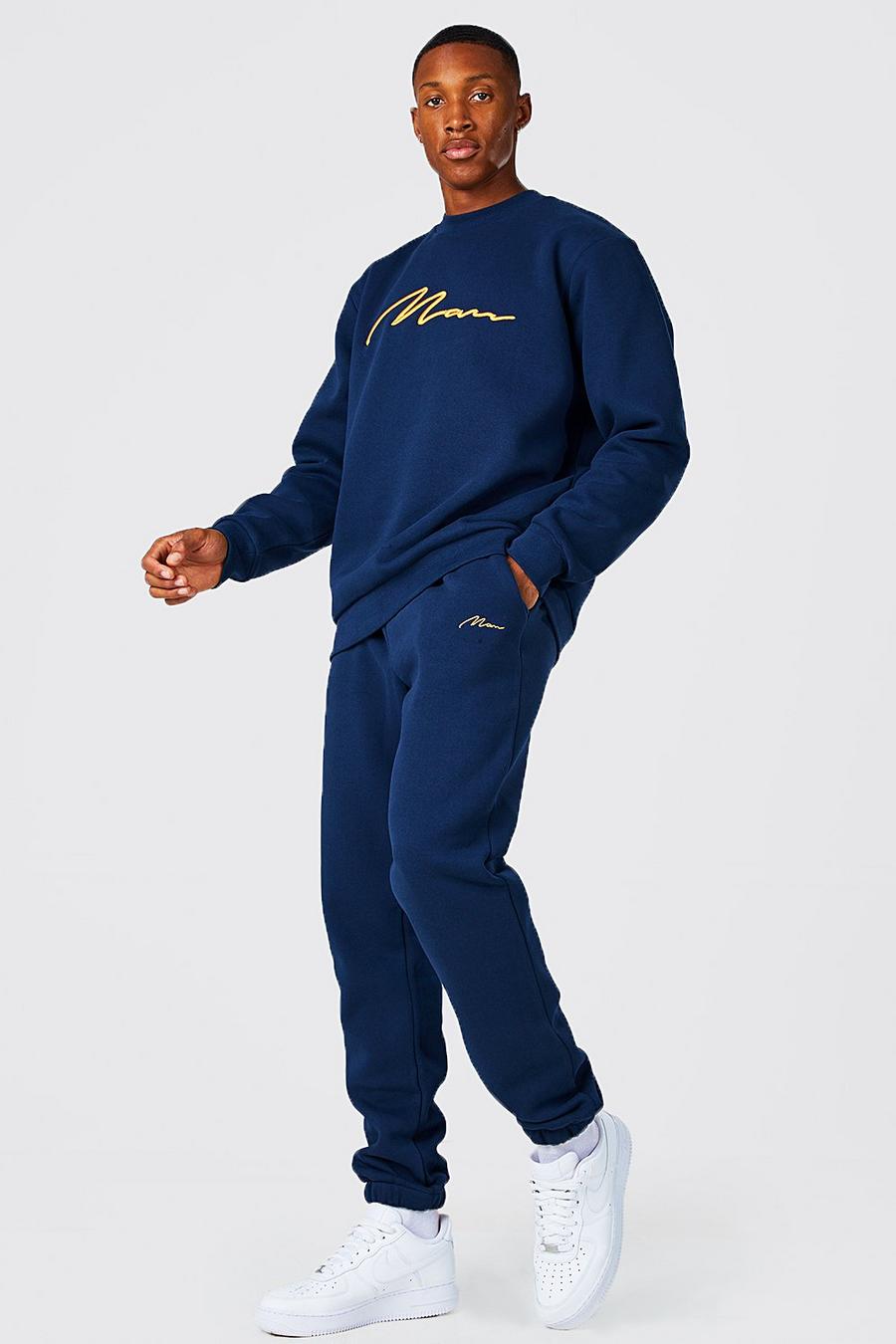 Man Signature Sweatshirt-Trainingsanzug mit 3D-Stickerei, Navy marine image number 1