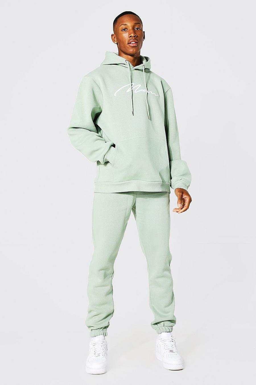 Sage green Man Signature 3d Embroidery Hooded Tracksuit image number 1