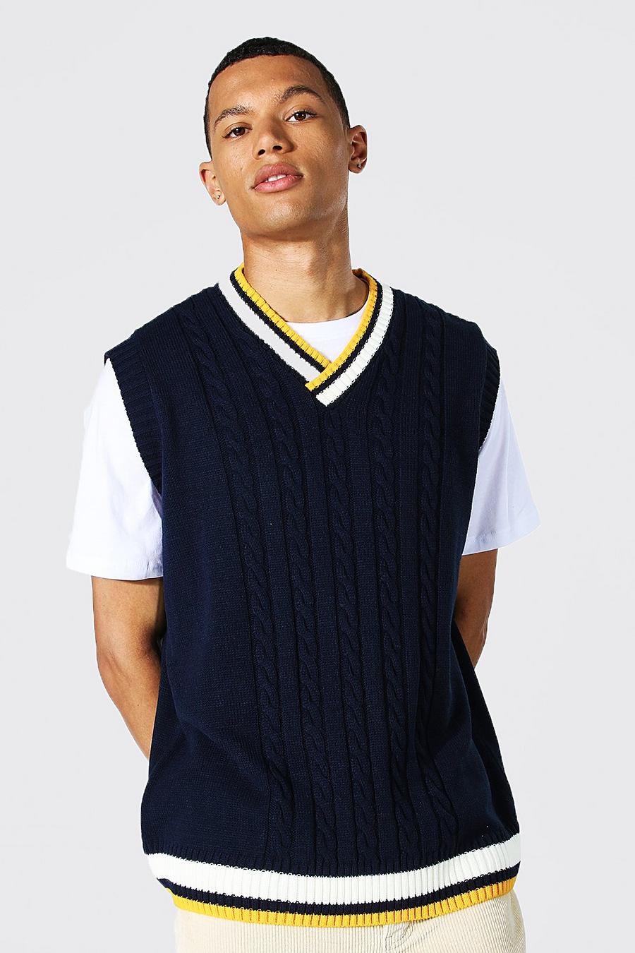 Navy Tall Varsity Basic Cable Knitted Tank Top image number 1