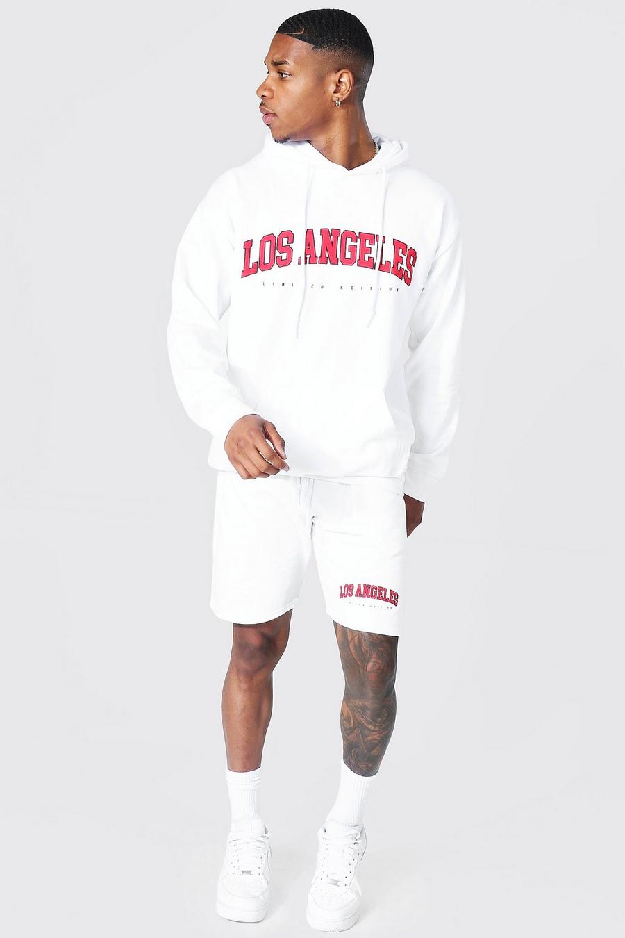 Tuta sportiva corta oversize con scritta Los Angeles in stile Varsity, White bianco image number 1