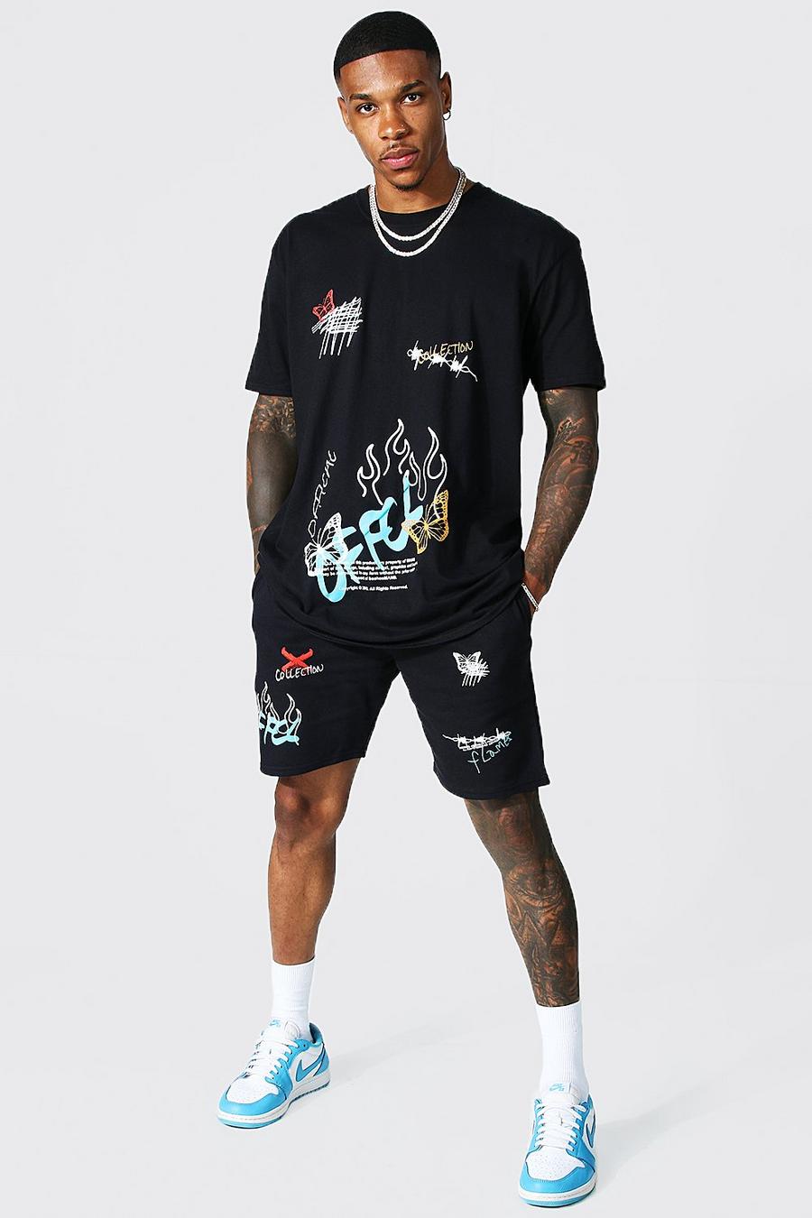Oversize Official T-Shirt und Shorts mit Grafitti-Print, Black image number 1