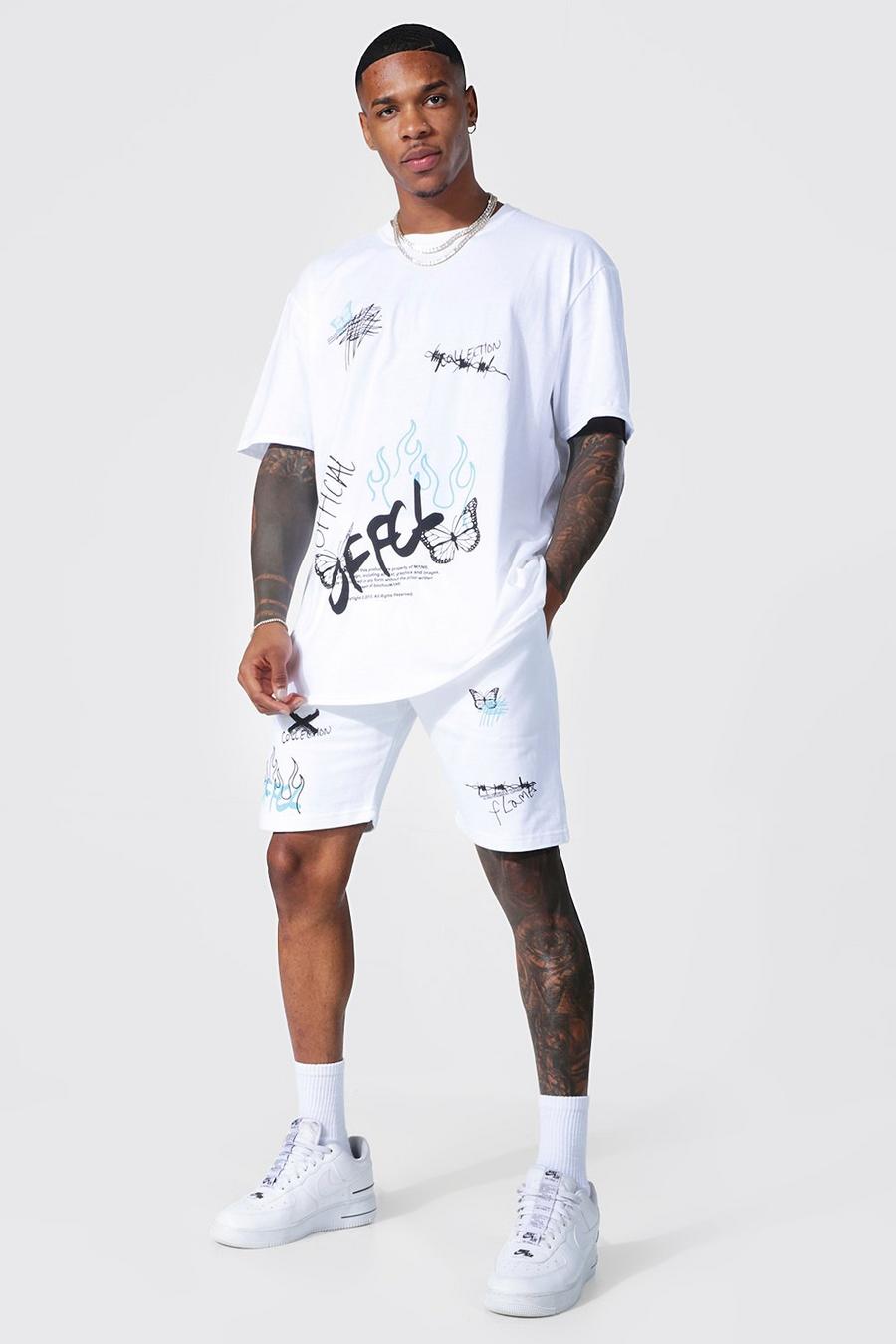 White vit Offcl Oversize set med shorts och graffititryck image number 1