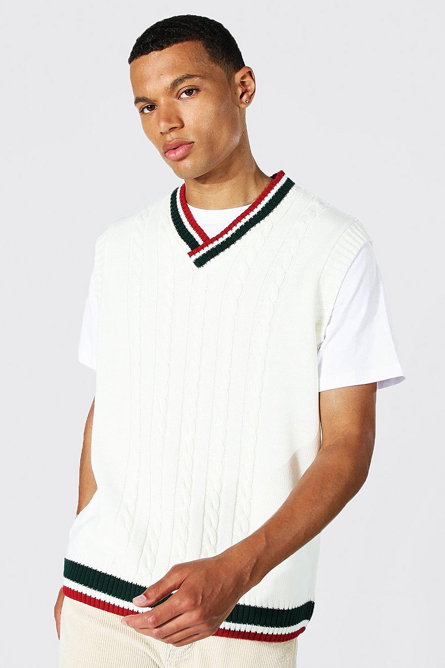 Ecru weiß Tall Varsity Basic Cable Knitted Vest image number 1