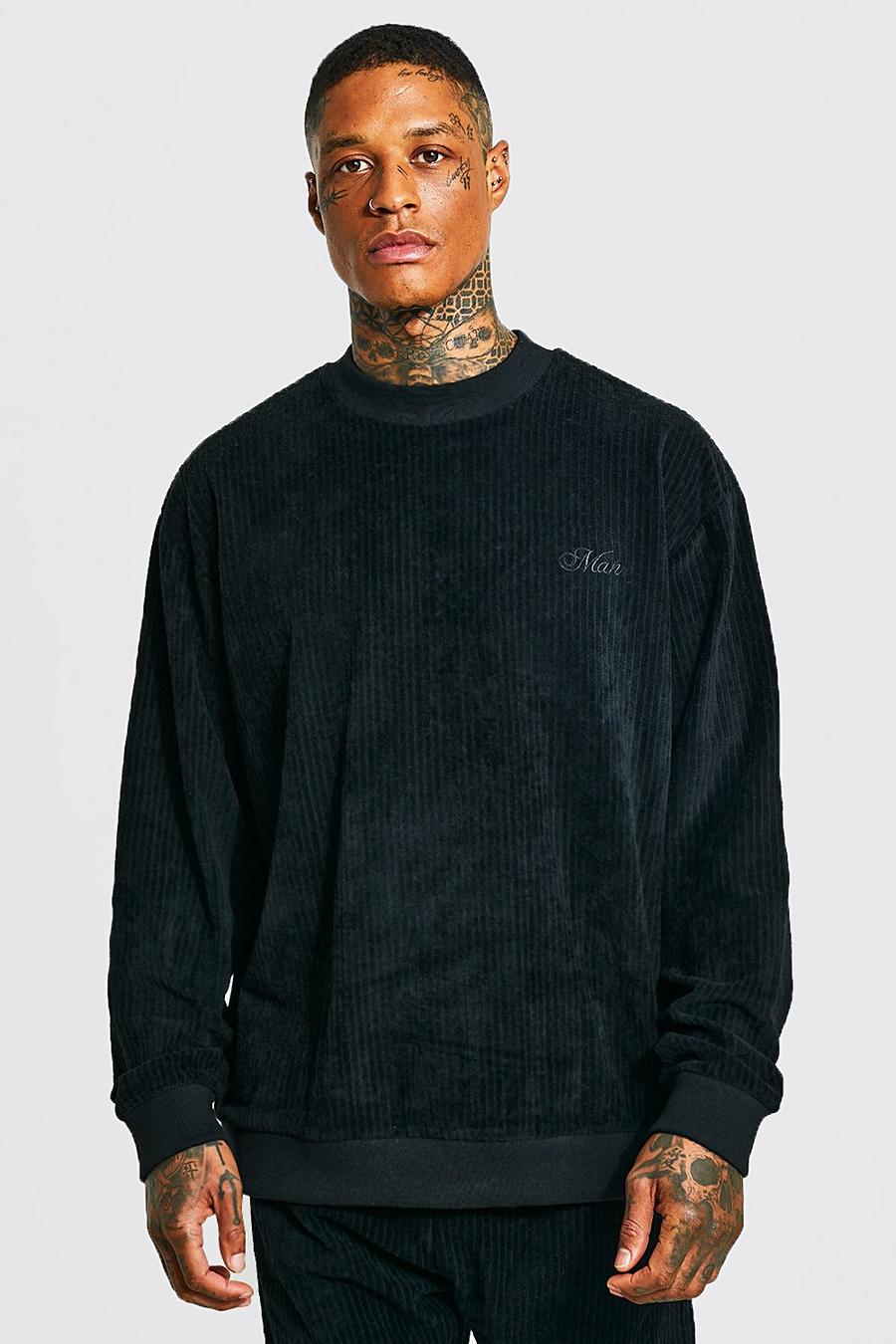 Geripptes Oversize Velour Sweatshirt, Black noir image number 1