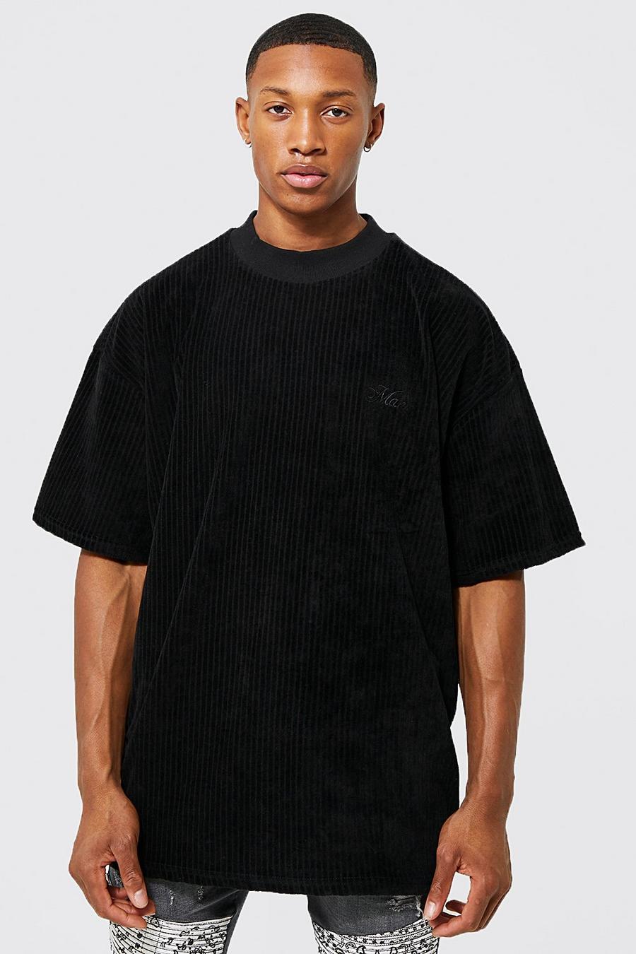 Geripptes Oversize Man Velour T-Shirt, Black noir image number 1