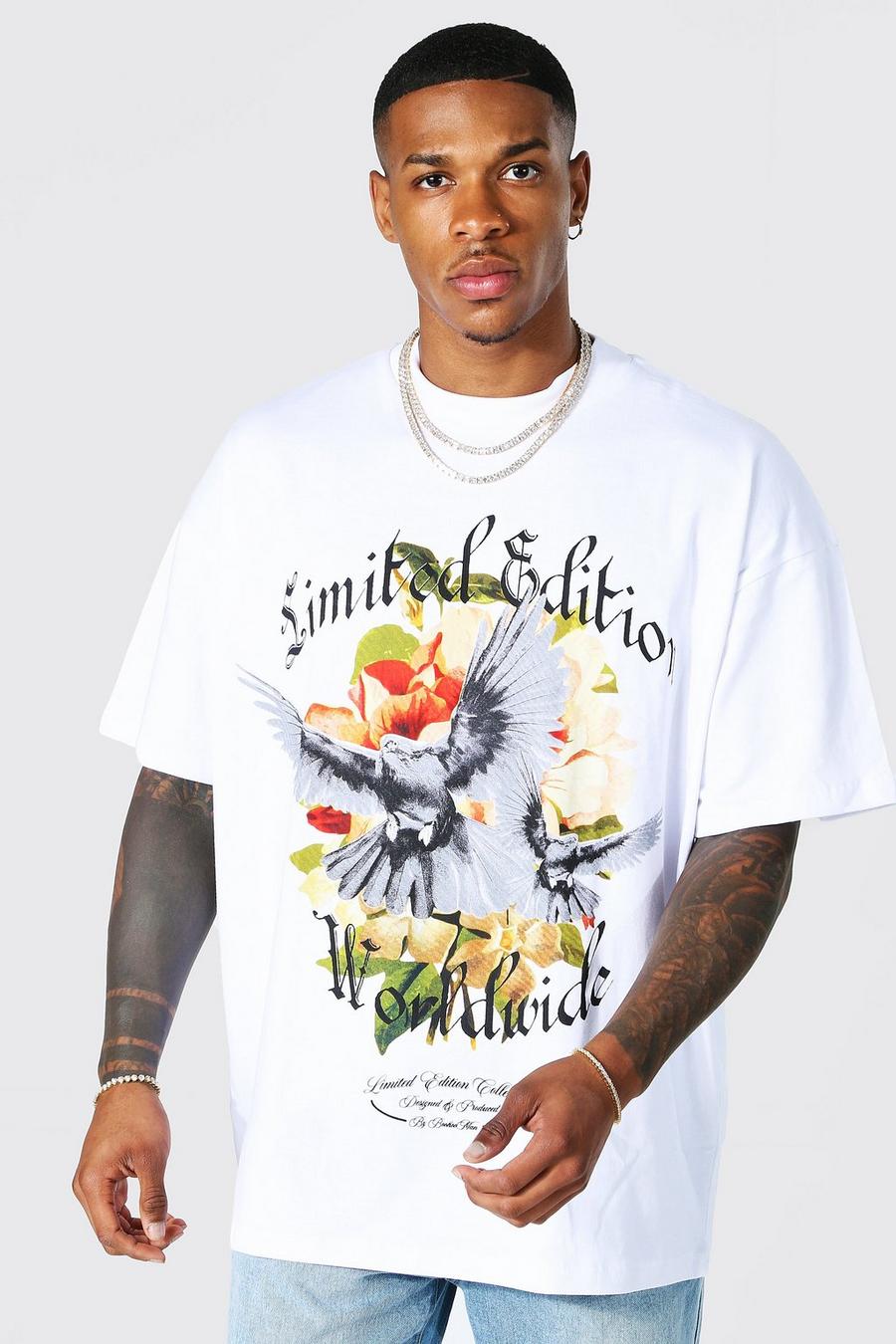 T-shirt oversize con stampa di colomba e girocollo esteso, White bianco image number 1
