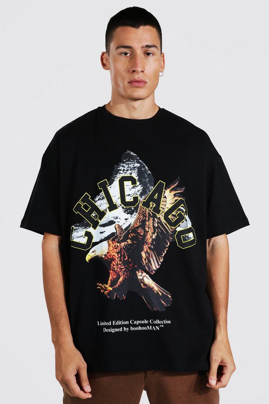 Black Oversized Chicago Eagle Print T-shirt image number 1