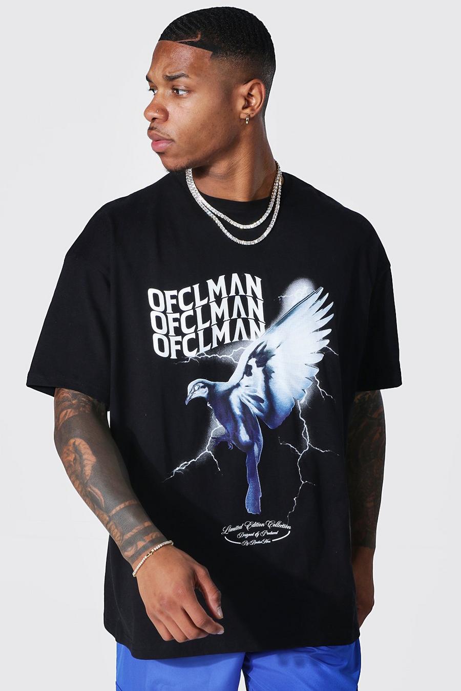 Oversize Official Man T-Shirt mit Tauben-Print, Black image number 1