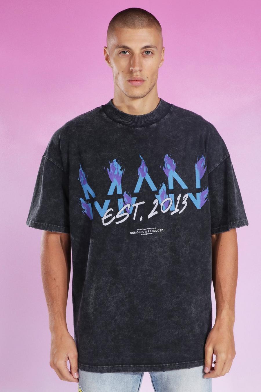 Charcoal Oversized Acid Wash Gebleekt Man T-Shirt Met Vlammen image number 1